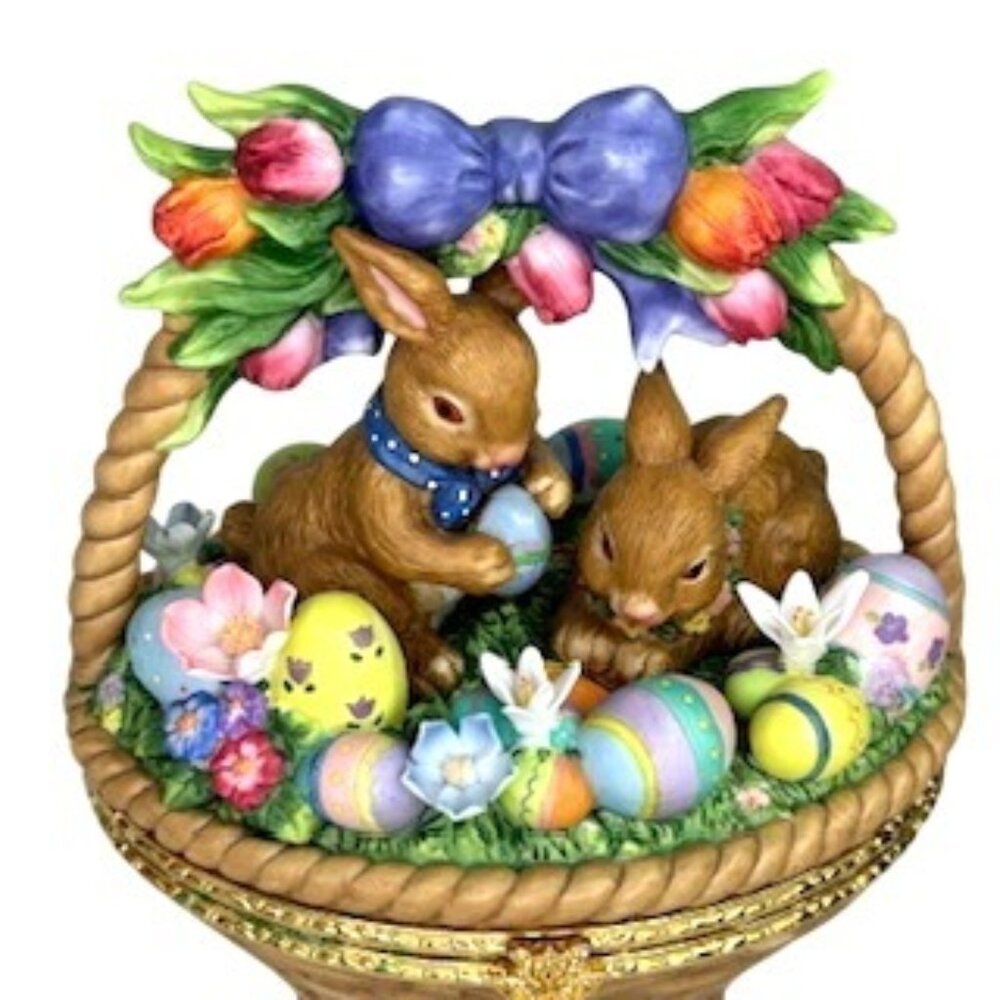 Porcelain Easter Basket Figurine With Rabbits ‎ Eggs Spring Decor 8" Tall